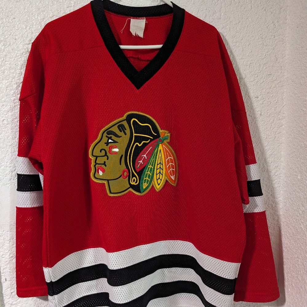 VINTAGE 80'S CCM MASKANHL CHICAGO BLACKHAWKS KNIT RED JERSEY SIZE XL